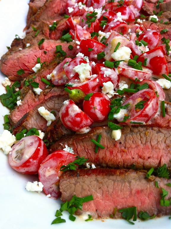 Grilled Flank Steak with Greeked-Out Gorgonzola and Tomato Salsa