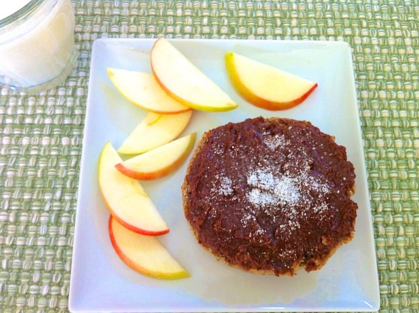 Chocolate Mascarpone Spread on a toasted Ezekiel sprouted grain English muffin