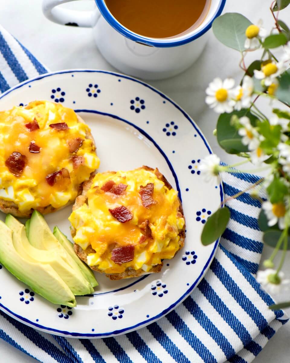 Not your usual egg sandwich, the flavor-packed topping can be prepared in advance and then baked on the bread when ready to eat. Crunchy, creamy, and utterly delicious!