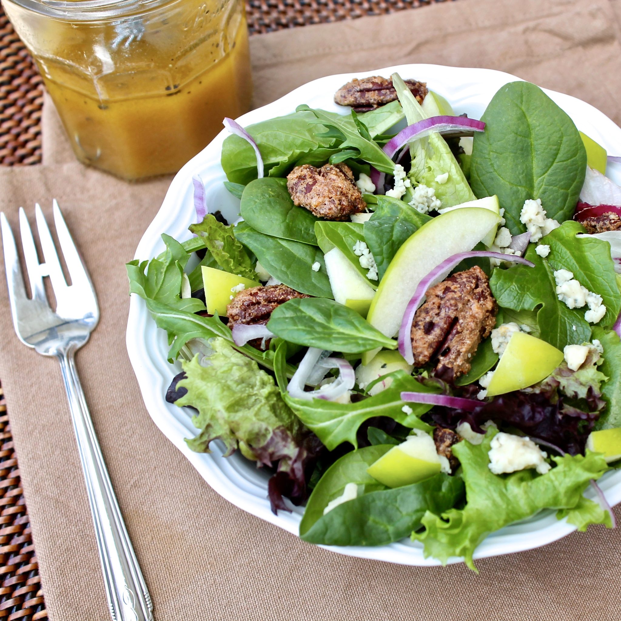Apple Pecan Spring Greens with Maple Dijon Vinaigrette-easy, healthy and brimming with flavor!