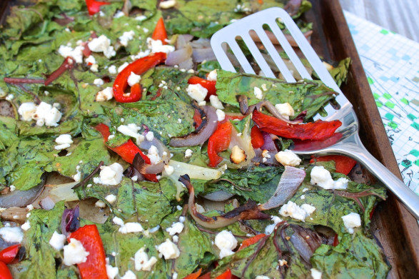 Crave-worthy greens are easy thanks to this unique method of preparation that delivers crisps edges and golden brown bits of feta...all while adding a few other veggies to the mix!