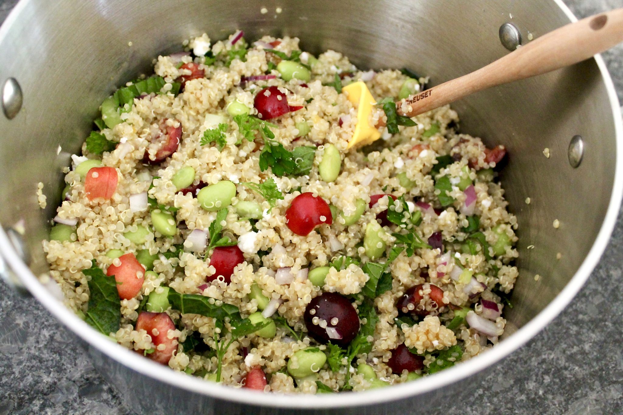 Sweet Cherry & Feta Quinoa with Peach Vinaigrette-a light, flavor-packed salad that's delightful paired with virtually any grilled protein but stands alone as a complete vegetarian meal