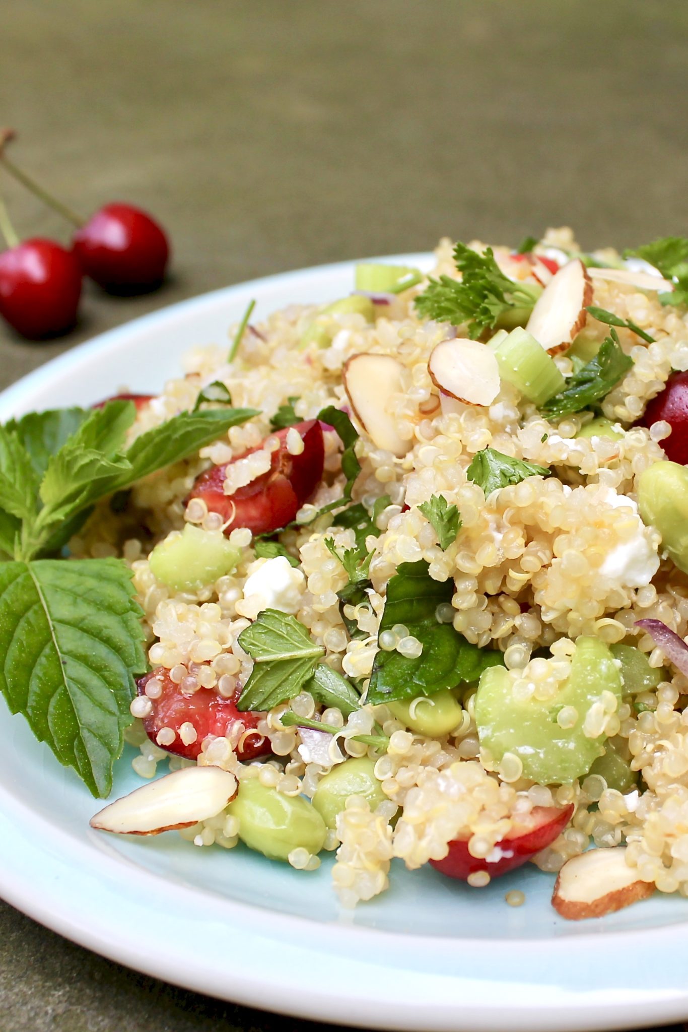 Sweet Cherry & Feta Quinoa with Peach Vinaigrette-a light, flavor-packed salad that's delightful paired with virtually any grilled protein but stands alone as a complete vegetarian meal