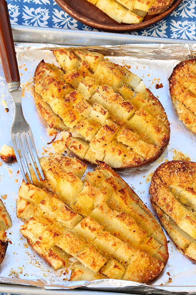 Roasted Checkerboard Potatoes with Parmesan & Homemade Seasoned Salt