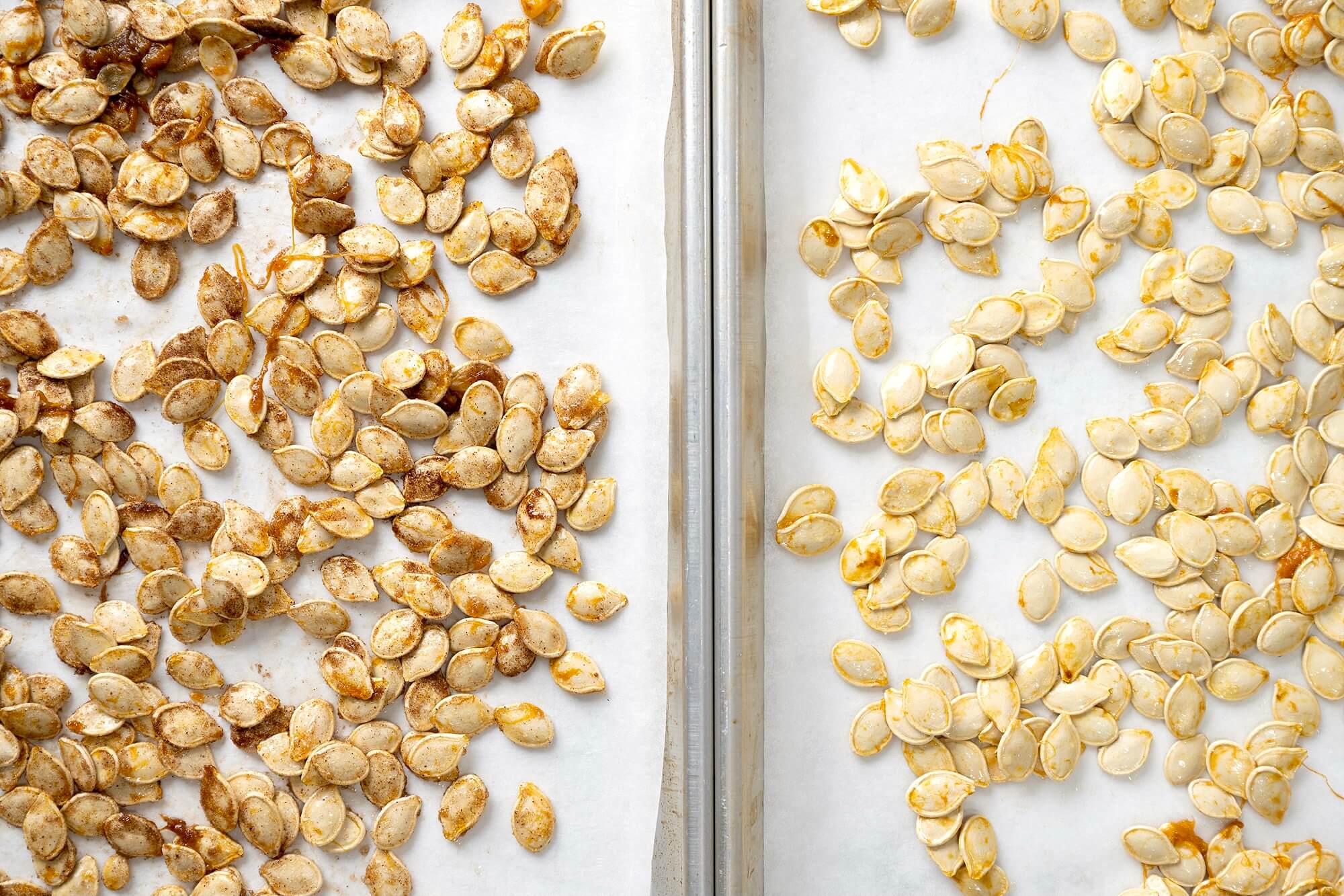 Sugar and spice and everything nice, these crispy seeds offer a snack-worthy way to make the most of your annual pumpkin carving ritual. Taking the time to dry out the seeds, as described in the recipe notes, will create the crispiest, most flavorful seeds.