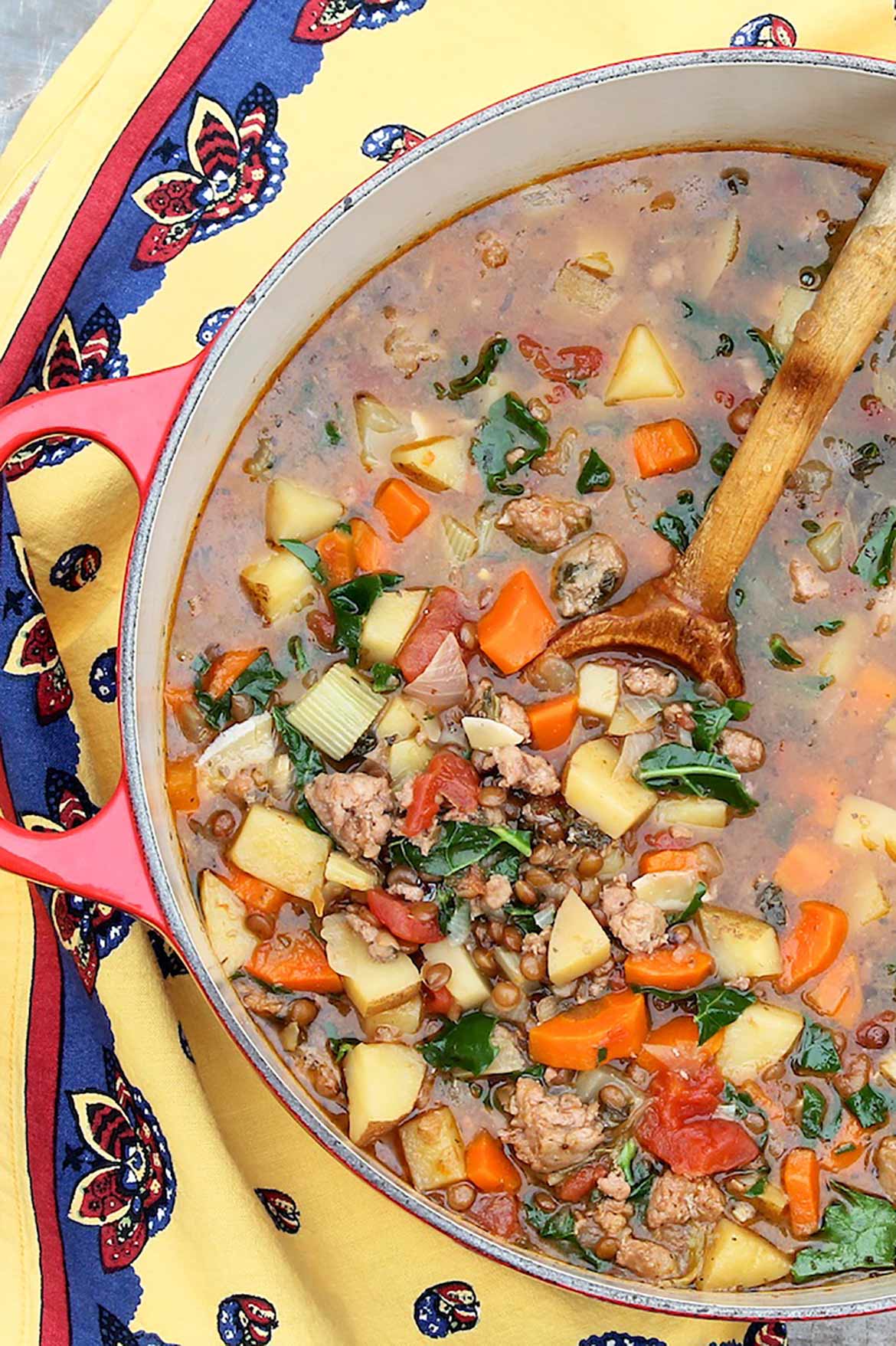 A hint of sausage supplies smoky, savory flavor in this one-pot soup, which is packed with plant-based protein, colorful veggies and satiating appeal. Wholesome comfort food at its best-and a customer favorite at a regional restaurant chain!