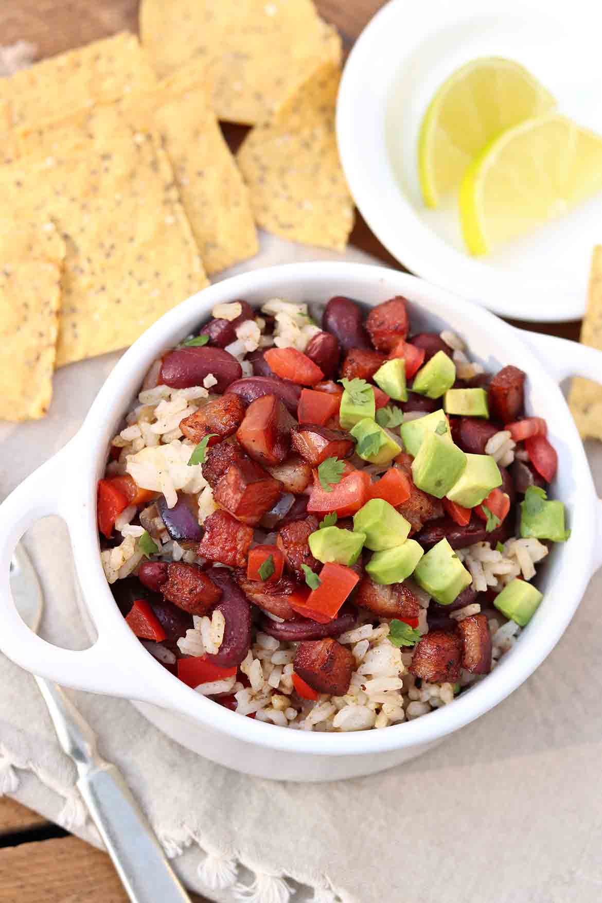 In Costa Rica, these adaptable bowls are often enjoyed with tortilla chips and an Imperial beer and offer a delicious way to reinvent leftovers.