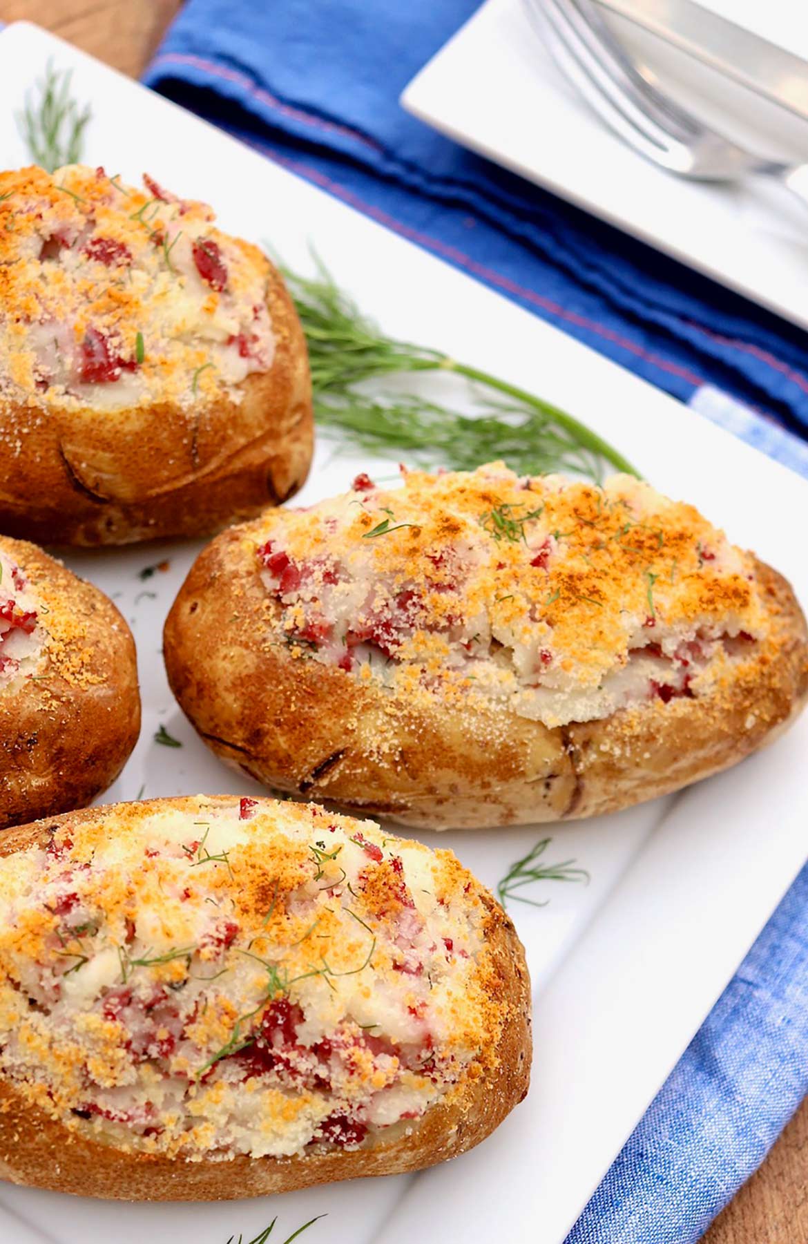 Deli corned beef makes this stuffed potato filling, flavorful and extra easy. The addition of dill brings reminders of the classic deli sandwich.