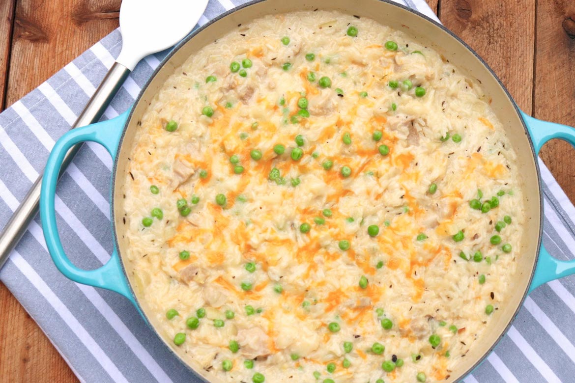 One Pot Stovetop Chicken and Rice is creamy comfort food that’s a breeze to whip up! For complementary color and flavor, serve with sliced tomatoes or a simple salad on the side.