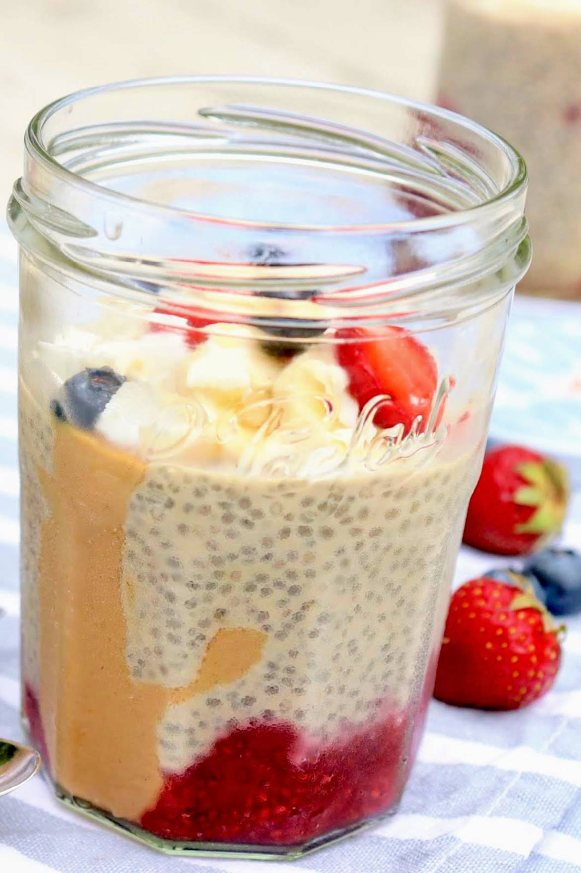 PB&J Breakfast Chia Pudding -- This healthy, prep-ahead breakfast makes me feel great and is surprisingly satisfying. Feel free to use your favorite jam in place of the chia jam recipe and customize with your favorite fruits and toppings.