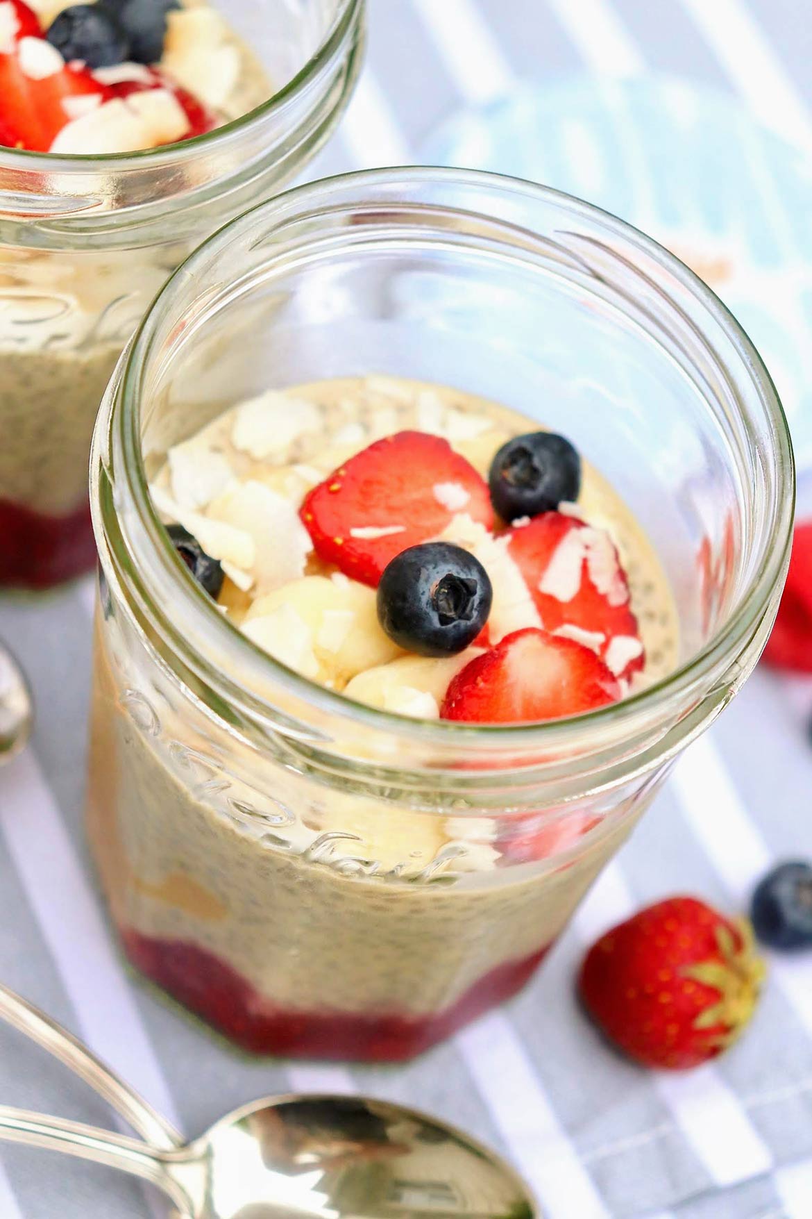 PB&J Breakfast Chia Pudding -- This healthy, prep-ahead breakfast makes me feel great and is surprisingly satisfying. Feel free to use your favorite jam in place of the chia jam recipe and customize with your favorite fruits and toppings.
