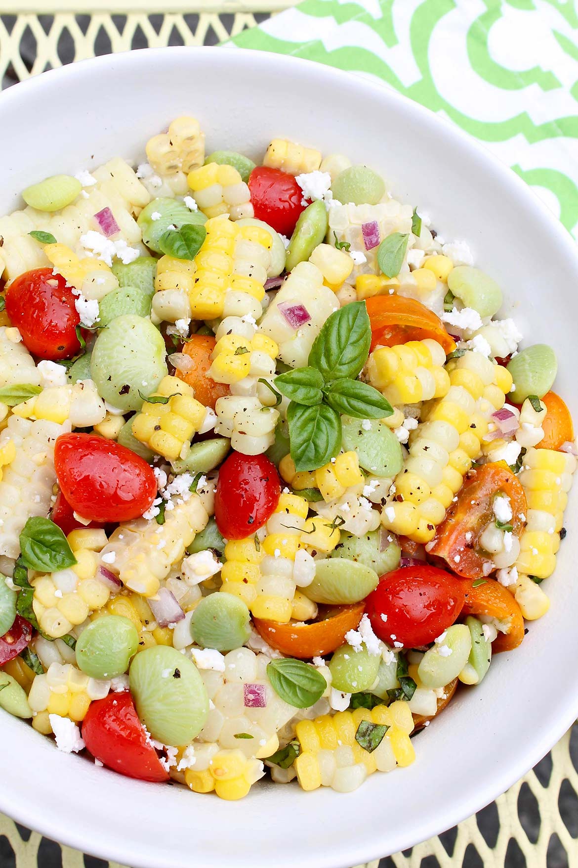 Succotash Salad is fresh, simple summer eating at its best. The simplicity of the “dressing”—really just a drizzle of olive oil and a squeeze of lemon—allows the flavors of the seasonal produce to shine. Leftovers make a great lunch!