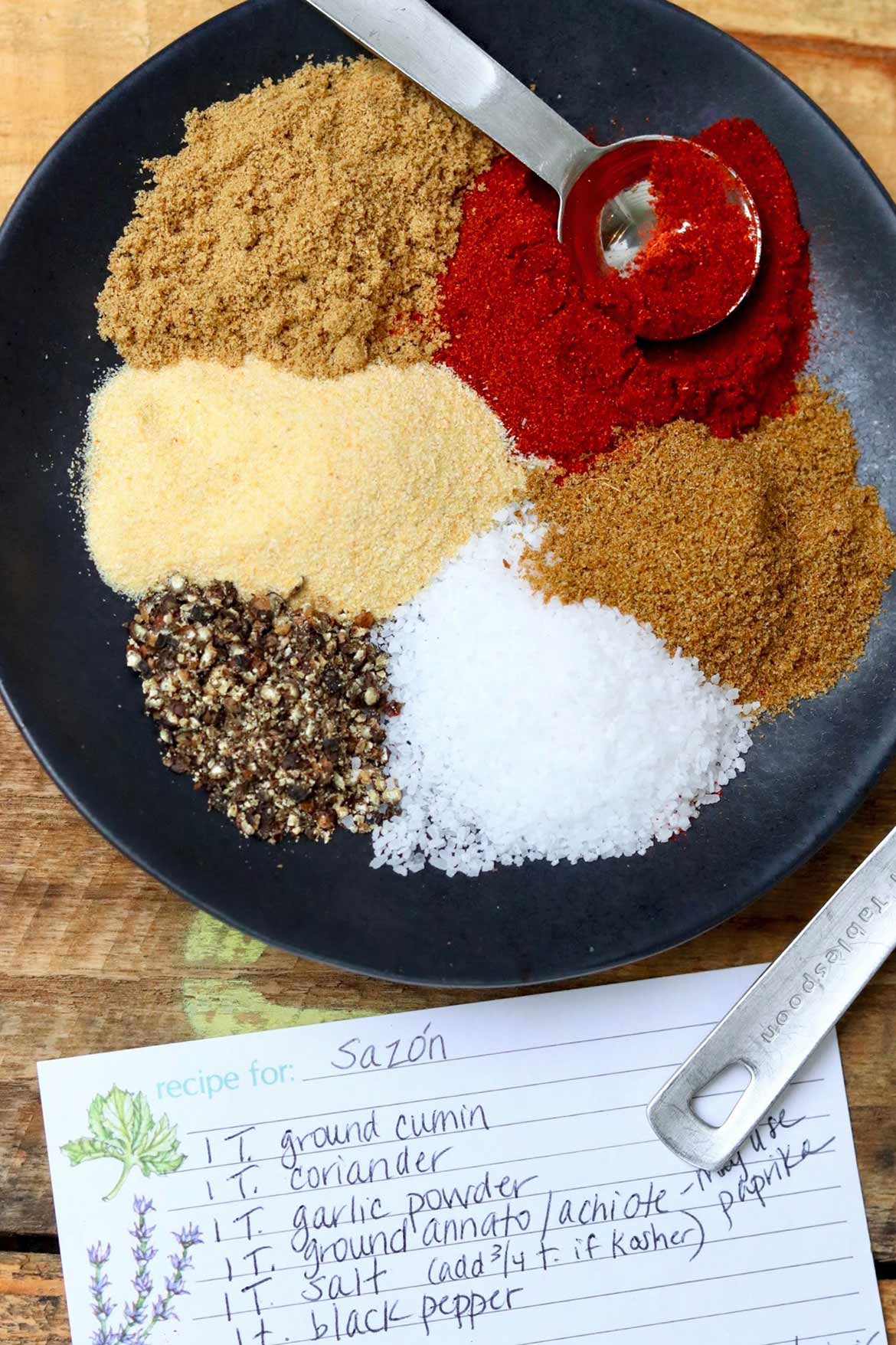 Homemade Sazón Seasoning – An easy-to-make alternative to the store-bought packets that eliminates MSG and lets you control the salt. Ideal for homemade chicken & rice, a variety of Latin dishes, and as a dry spice rub.