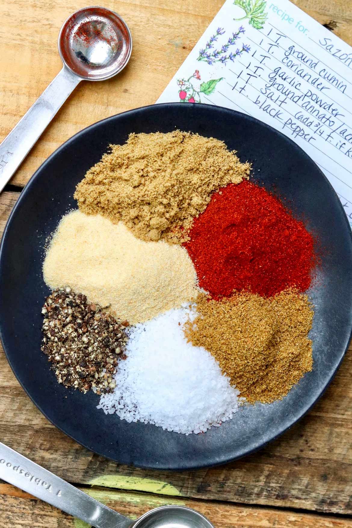 Homemade Sazón Seasoning – An easy-to-make alternative to the store-bought packets that eliminates MSG and lets you control the salt. Ideal for homemade chicken & rice, a variety of Latin dishes, and as a dry spice rub.