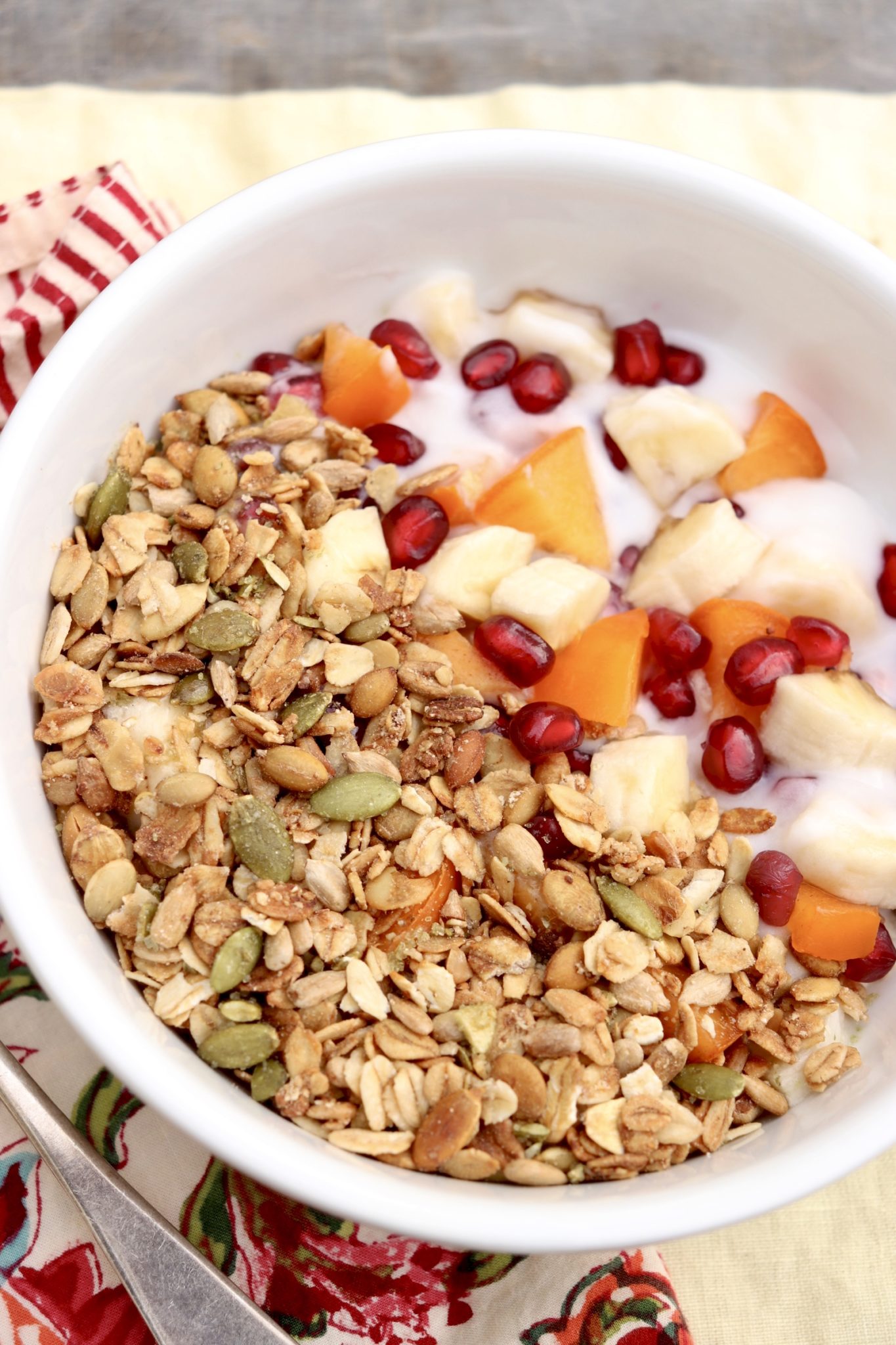 Winter Breakfast Bowl - This easy, no-cook breakfast turns the typical yogurt bowl upside down, using the yogurt as a binder and encouraging heavier use of fruits you may not ordinarily consider.