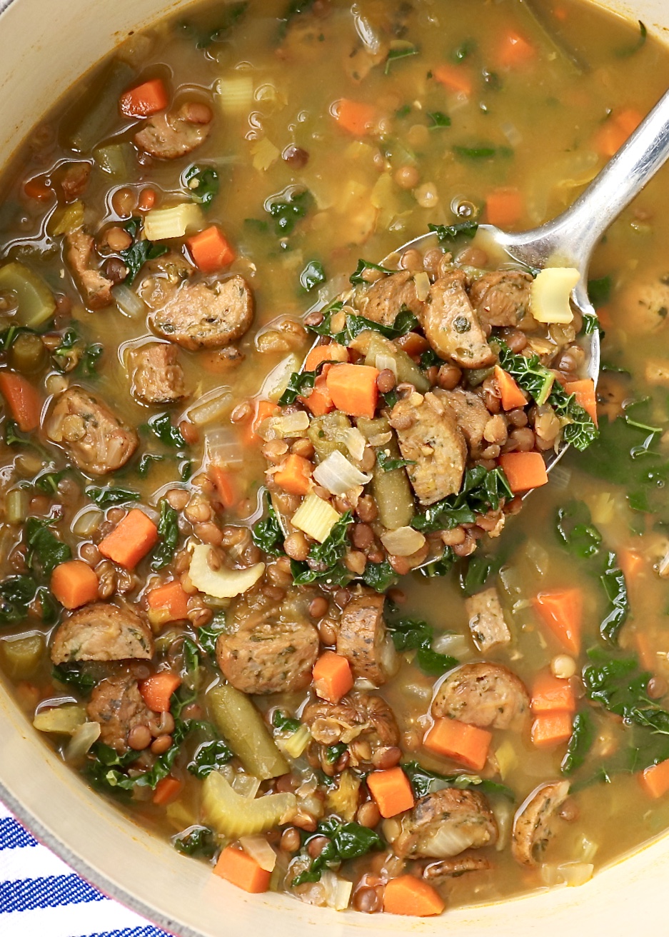 Andouille, Lentil & Vegetable Stew – The dump-and-cook approach makes this healthy and hearty soup extra easy to prepare - and the flavor might just make it a family favorite! Easily adapted for vegan diets, too.