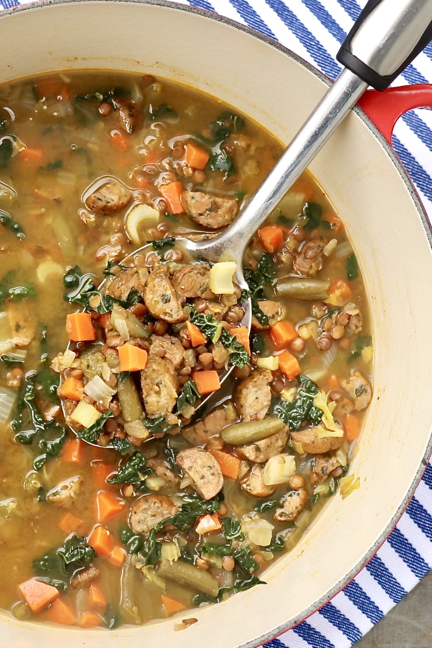 Andouille, Lentil & Vegetable Stew – The dump-and-cook approach makes this healthy and hearty soup extra easy to prepare - and the flavor might just make it a family favorite! Easily adapted for vegan diets, too.
