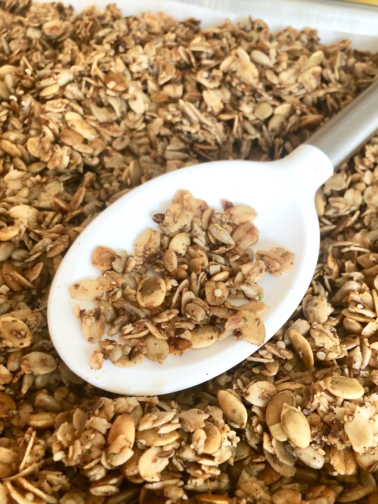 I gave my latest batch of LOLITA'S LOW SUGAR GRANOLA some fall flair by adding a half teaspoon of freshly ground nutmeg and a quarter teaspoon of pumpkin pie spice to the regular recipe.