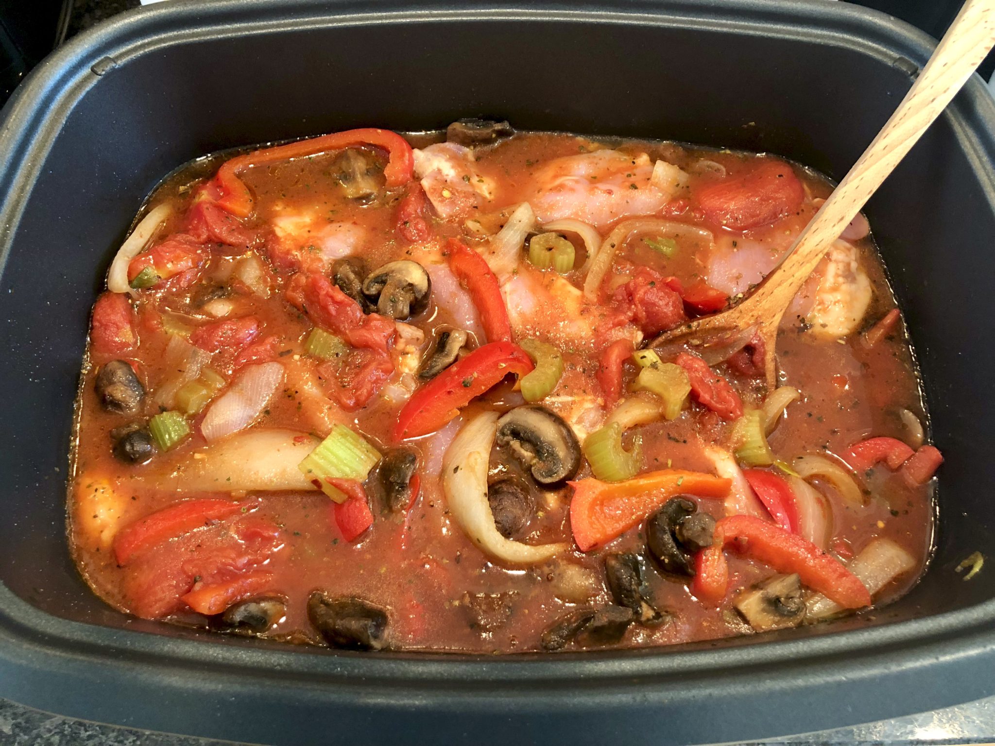 Instant Pot Chicken Cacciatore (with slow cooker option)-Tender, flavorful chicken and lots of healthy veggies are the hallmark of this easy meal. Leftover sauce can be enjoyed like your favorite marinara.