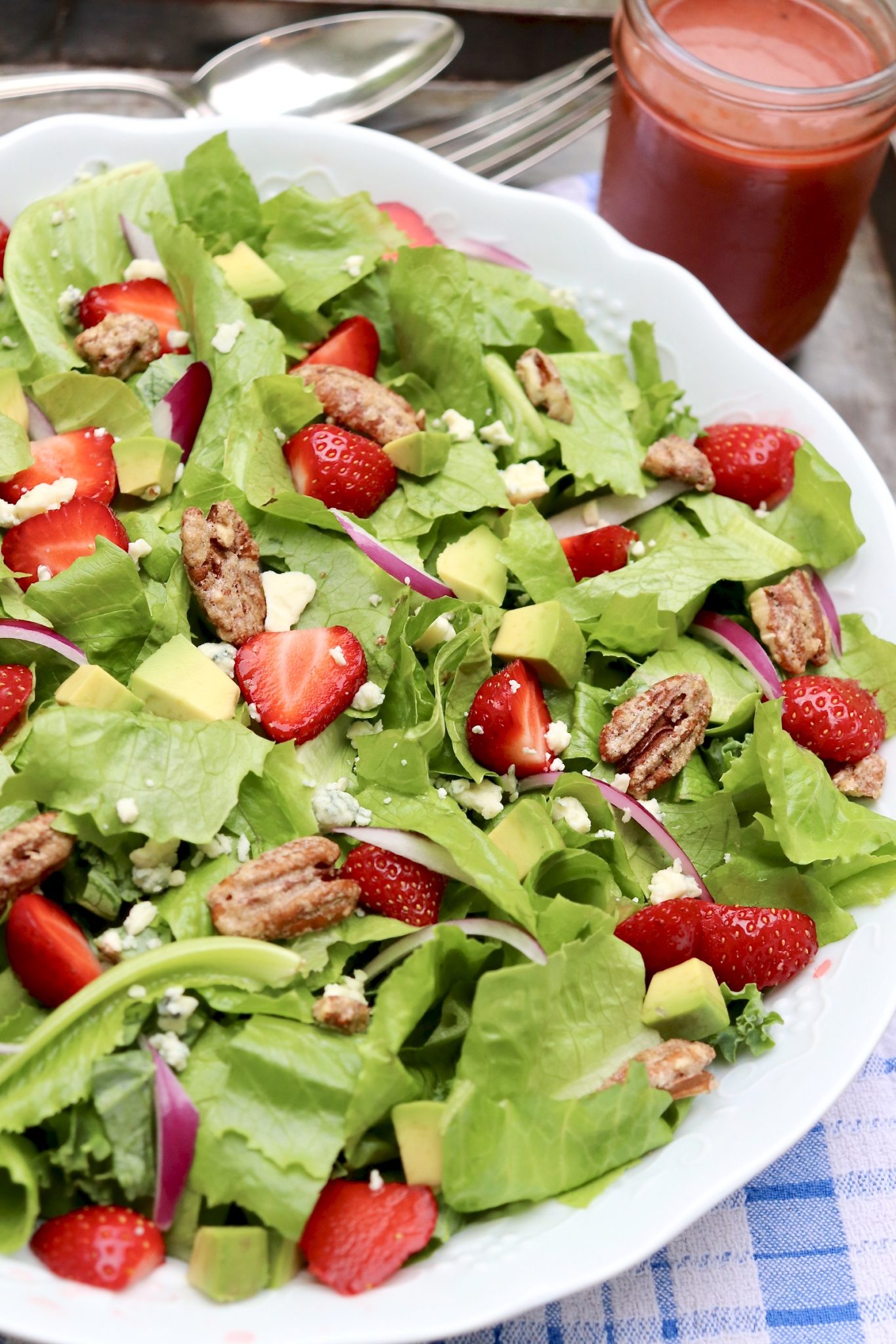 Favorite Strawberry Salad-The luxuriously creamy (yet healthy!) sweet-tart dressing makes this seasonal salad a standout. Virtually any protein will complete the meal.