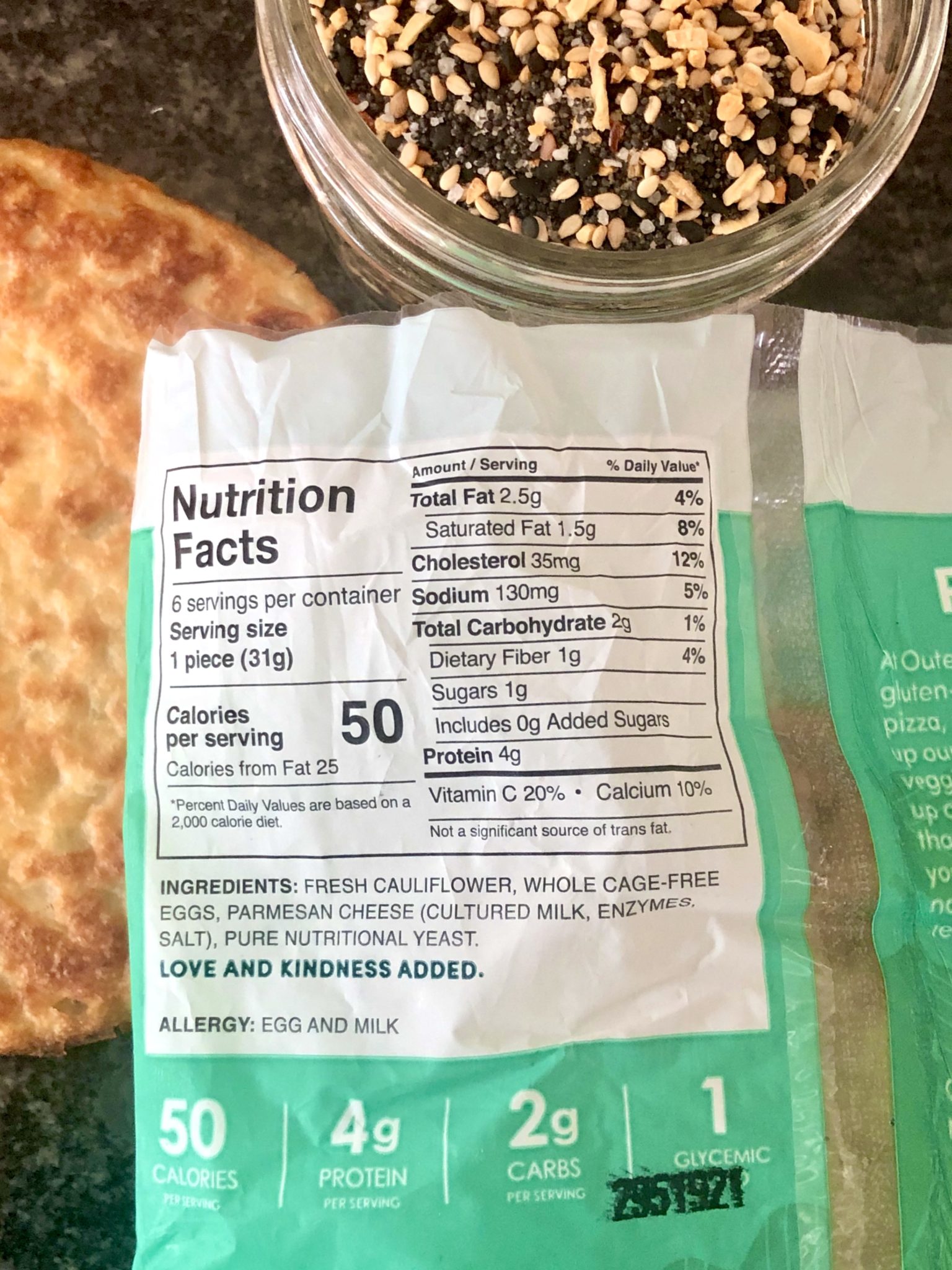 Low carb cauliflower bread...clean ingredient list and tastes great