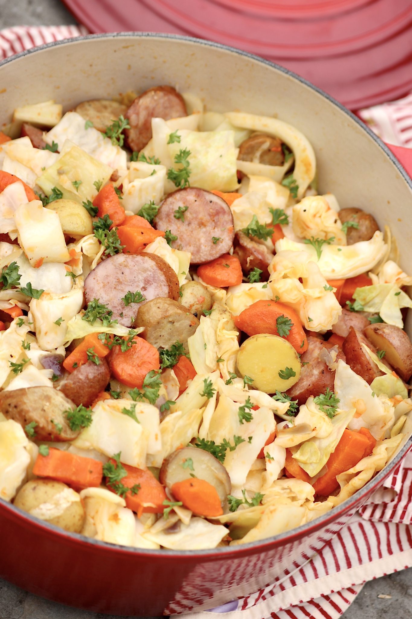 Smoky sausage, creamy potatoes, sweet cabbage and carrots are simmered in a simply seasoned broth for a one-pot meal that’s deliciously easy and wholesomely satisfying.