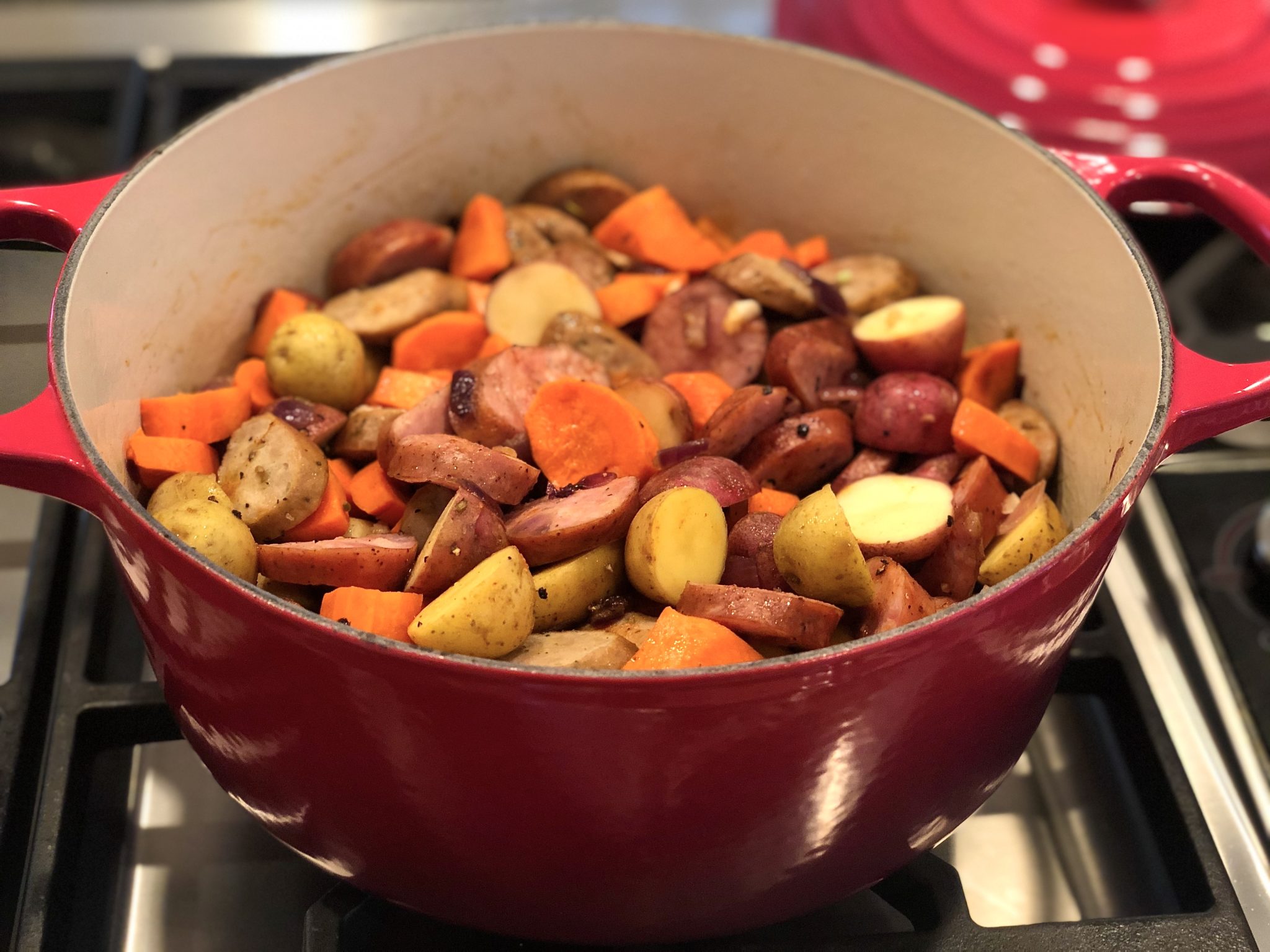 Smoky sausage, creamy potatoes, sweet cabbage and carrots are simmered in a simply seasoned broth for a one-pot meal that’s deliciously easy and wholesomely satisfying.