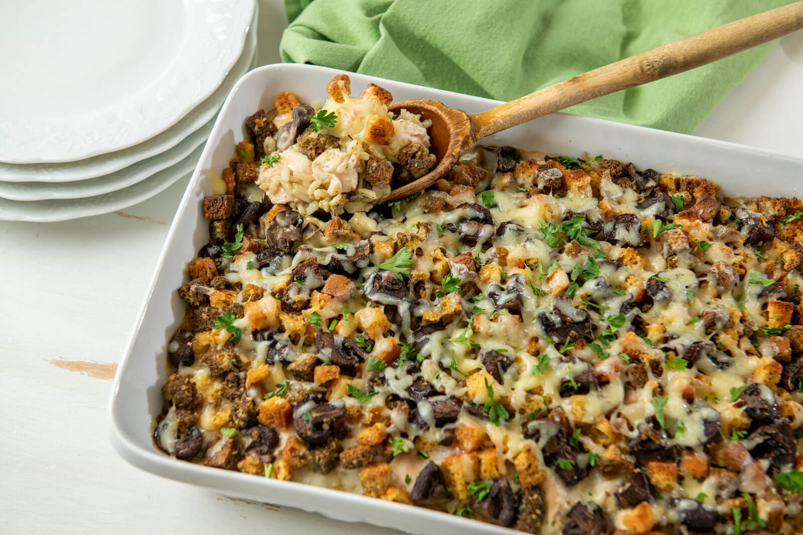 The ultimate comfort food layered with flavorful rice, protein-rich chicken, a creamy sauce, and crispy topping-and there are easy options for adding vegetables. Plus the casserole is quick to assemble, and you may prepare it ahead of time and even freeze it.