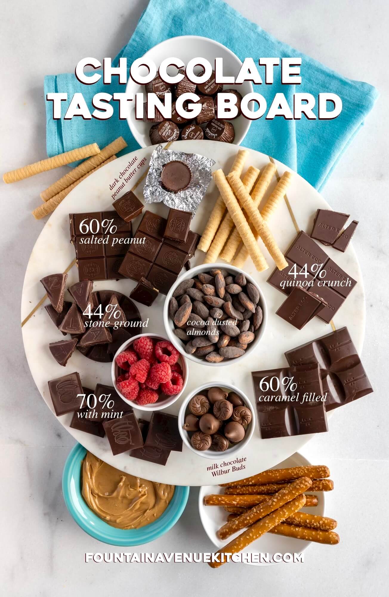 An interactive way to sample a variety of chocolate and see what you like best, a tasting board offers a festively easy dessert for holidays, birthday parties, bridal showers--even a special night for two!