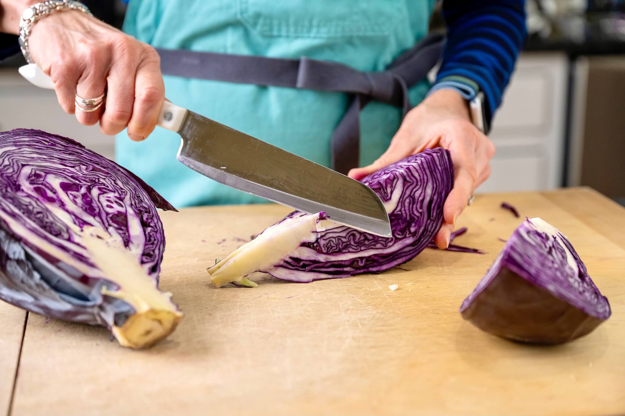 Break down a big head of cabbage in minutes for fresh shreds and wedges that add texture, color, and nutrition to salads, slaws, sauerkraut, stir fries, and more.