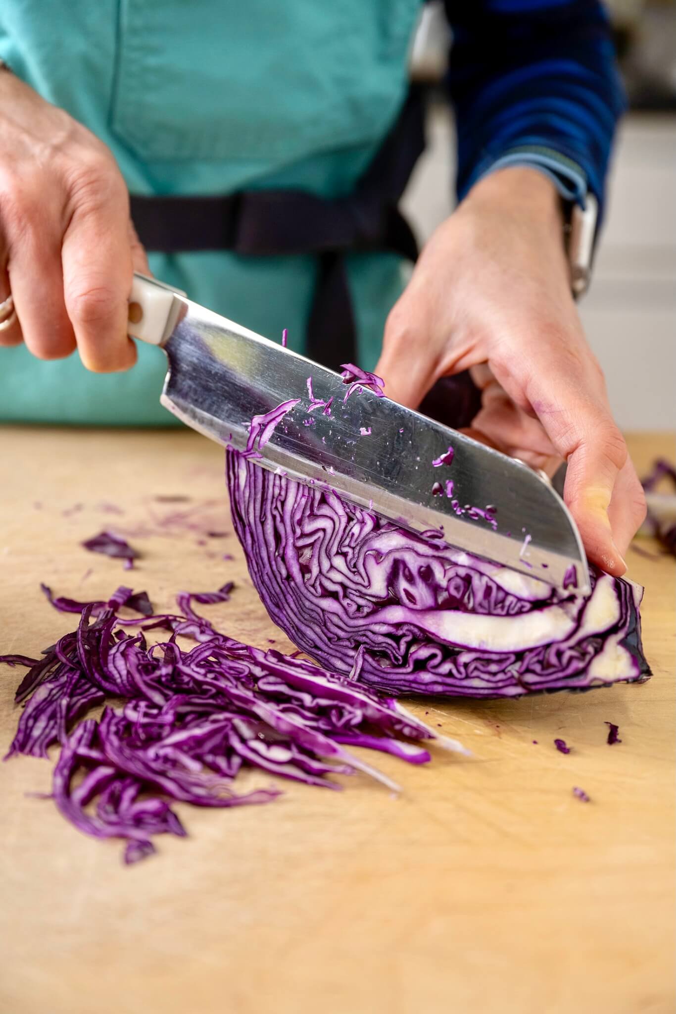 Break down a big head of cabbage in minutes for fresh shreds and wedges that add texture, color, and nutrition to salads, slaws, sauerkraut, stir fries, and more.