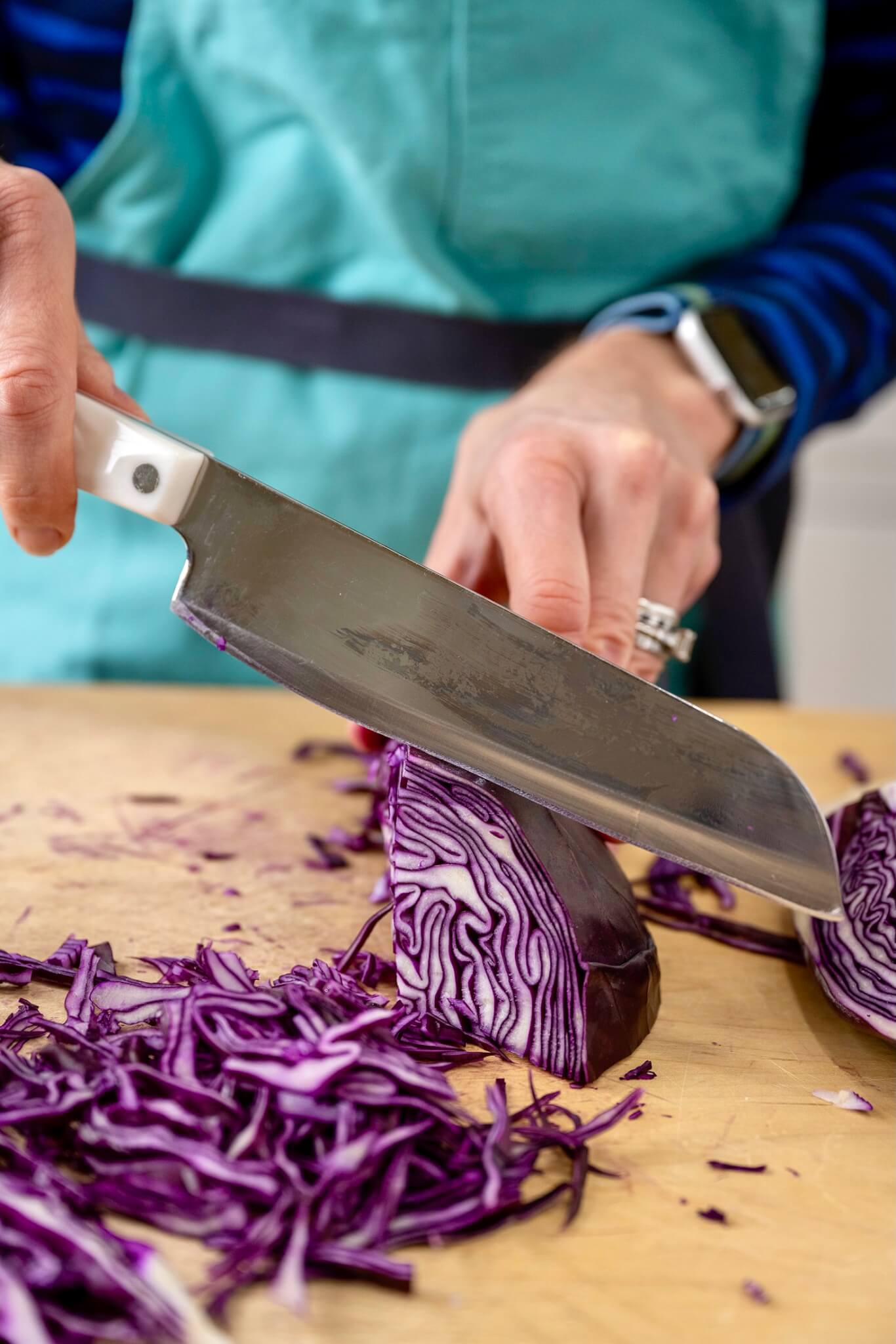 Break down a big head of cabbage in minutes for fresh shreds and wedges that add texture, color, and nutrition to salads, slaws, sauerkraut, stir fries, and more.