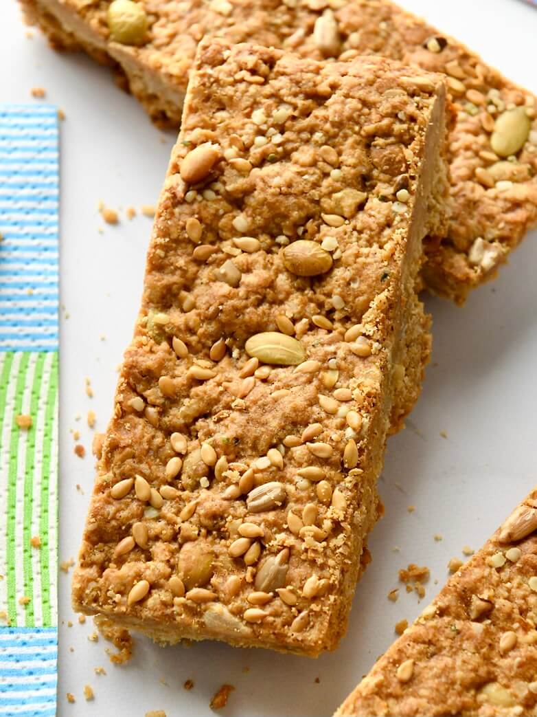 These crunchy bars are very lightly sweet, nutty, seedy, and delightfully satiating. Perfect for breakfast-on-the-run and convenient snacking anytime!