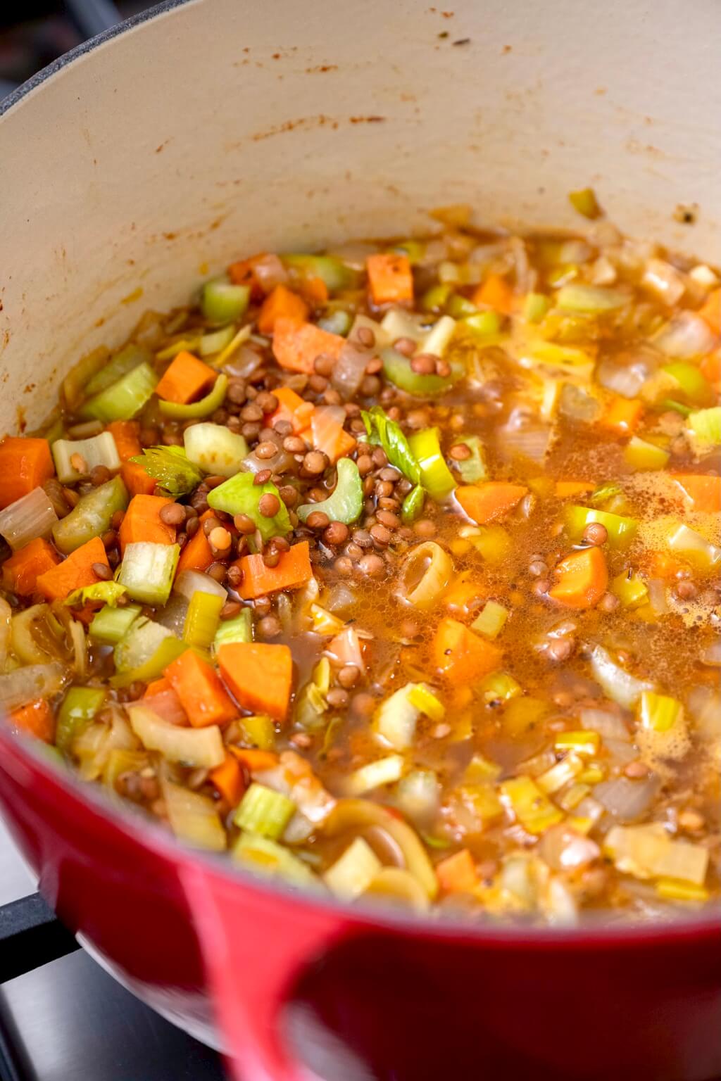 Colorful vegetables and hearty lentils come together with ease in this one pot dish that serves as a filling vegetarian meal or can be used as a base for seared salmon or another protein of choice.