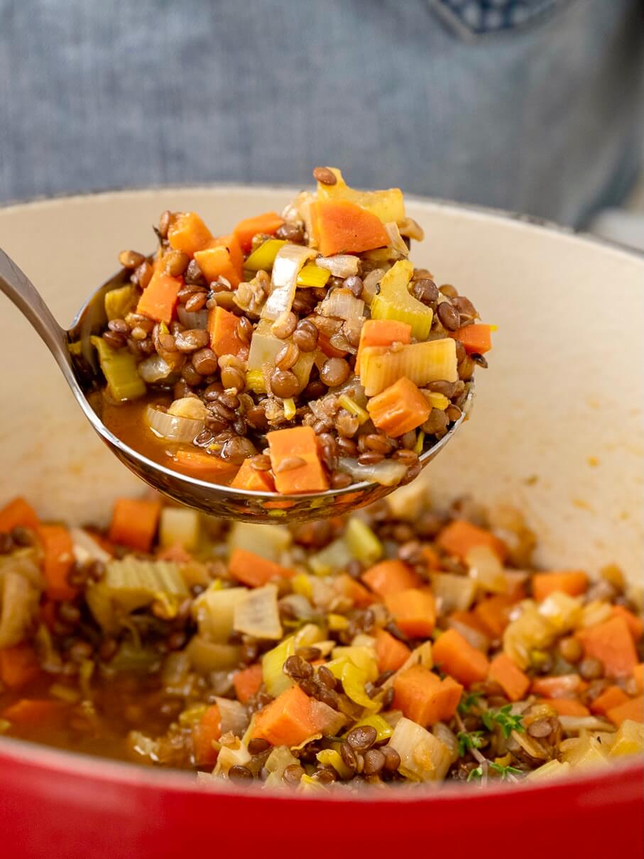 Colorful vegetables and hearty lentils come together with ease in this one pot dish that can be served as a filling vegetarian stew, a flavorful side dish, or a restaurant-worthy base for seared salmon or another protein of choice.